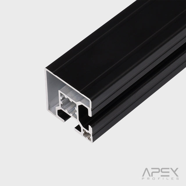 Black aluminium profile on a white background with 'Apex Profiles' branding.