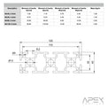 Technical drawing and measurement chart for metal profiles with Apex Profiles branding.