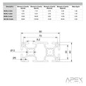 Technical drawing and dimensions of a metal profile with Apex Profiles branding.